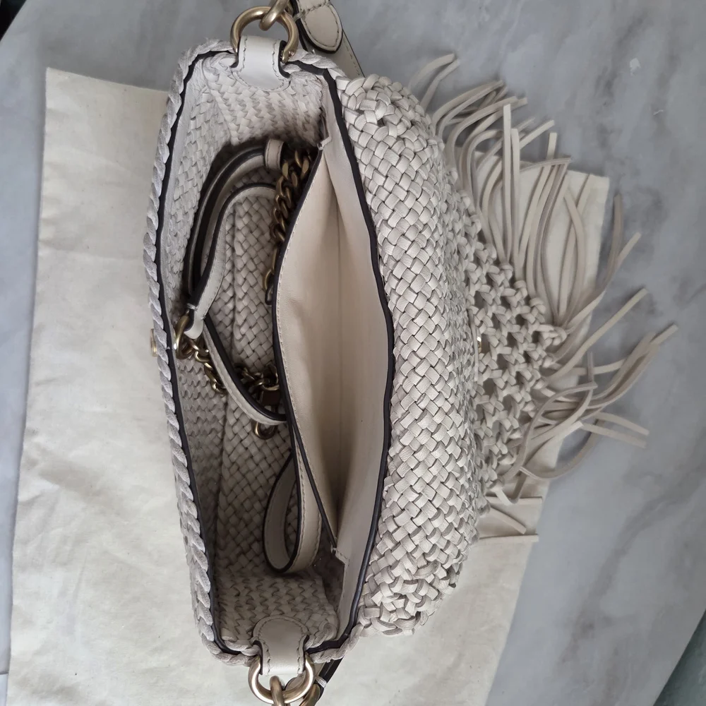 Tory Burch Ivory Woven Fringe Crossbody with Gold Hardware